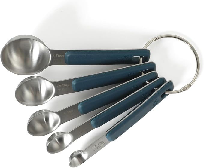 Calphalon Prime 5 Piece Stainless Steel Measuring Spoons W/Navy Blue Silicone Handles