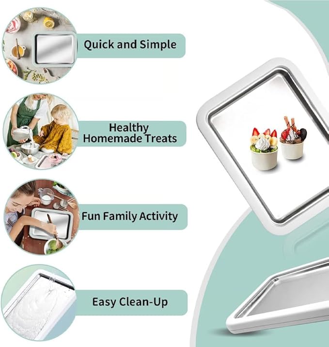 At-Home Rolled Ice Cream Maker Kit, DIY Rolled Ice Cream Tray, Two-minutes Quick Freeze, Mini Instant Freeze Plate with 2 Scrapers, Food-Grade Stainless Steel, for Kids & Adults (White,9 * 7in)