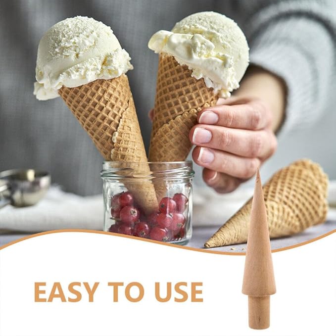 3-Piece Ice Cream Cone Mold Set, Multi-Function Reusable Wooden Cream Horn Waffle Pizzelle Roller Egg Roll Molds, Wooden Krumkake Iron and Cone Roller for Kitchen Cooking and Baking