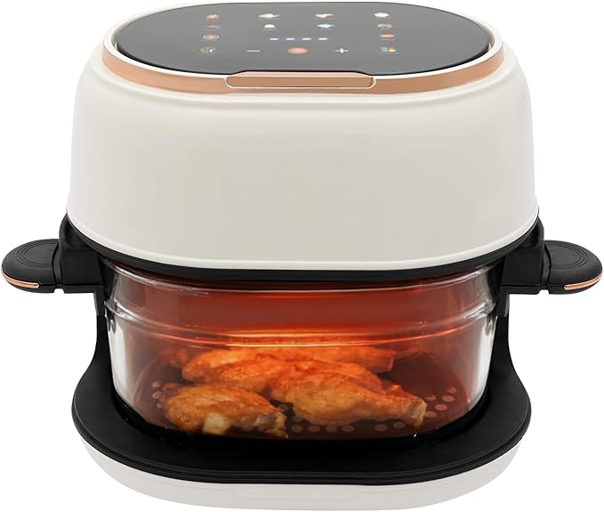 banborba Air Fryer, 900W 4.23QT Glass Air Fryer, Smart Compact Airfryer with Digital Display, 140℉-374℉ Adjustable Temperature, 120 Min Timer, for Cakes, Chicken Wings, Fish, Meat, Shrimp, Vegetables