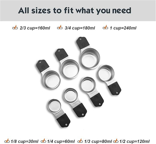 Magnetic Measuring Cups Set, 7 Pieces 18/8 Stainless Steel Stackable Nesting Heavy Duty Metal Measure Cups, Silicone Handle kitchen Tools for Dry and Liquid Ingredients, Dishwasher Safe (Black）