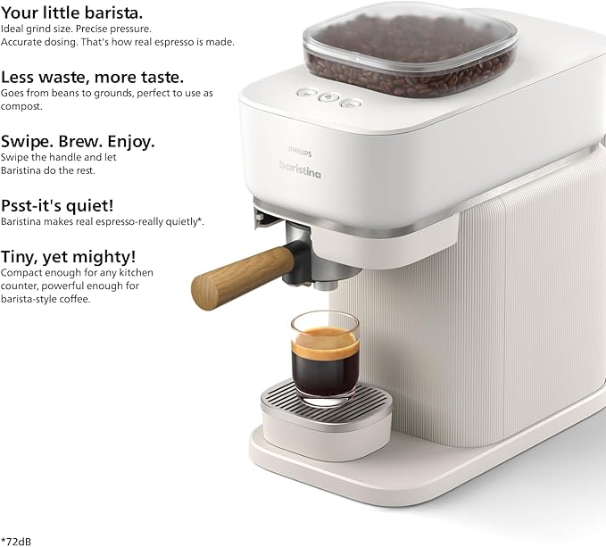 Philips Baristina Espresso Machine - Real espresso, made simple. Compact coffee machine, natural white with ash wood portafilter, 16 bar pump pressure, automatic grinder, Cafe Crema (BAR302/20)