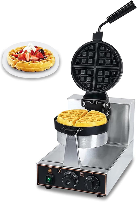 Commercial Waffle Maker, belgian waffle maker, 1000W Round Waffle Iron, Non-Stick Waffle Baker Machine with 122-572℉ / 50-300℃ Temp Range Teflon-Coated Baking Pans Stainless Steel Body