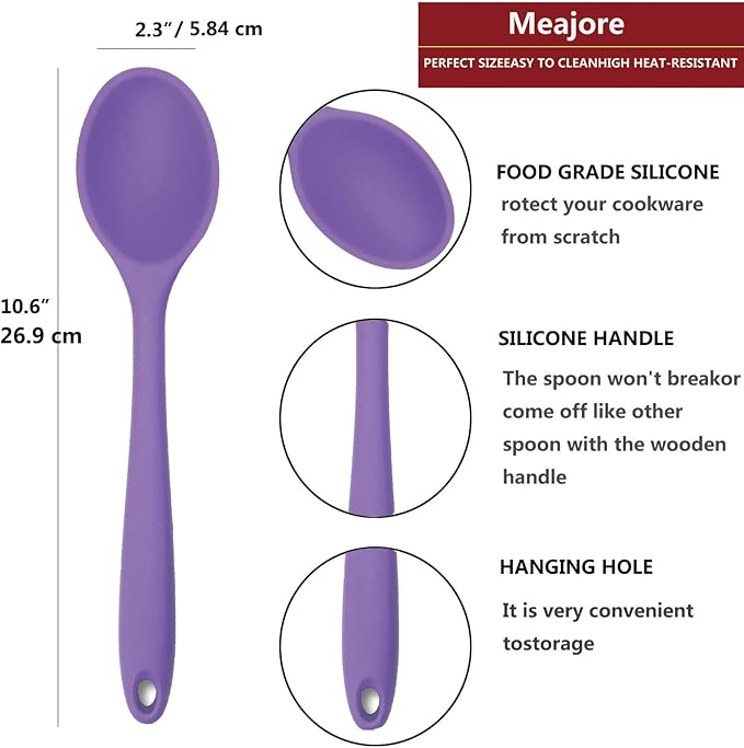 2 Pcs Silicone spoons for cooking heat resistant, Hygienic Design Cooking Utensi Mixing Spoons for Kitchen Cooking Baking Stirring Mixing Tools (Purple)
