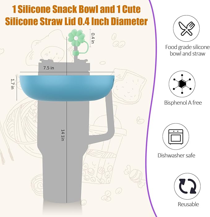 Snack Bowl for Stanley Cup 30 oz with Handle-Perfectly Compatible with Stanley Quencher H2.0 Tumbler 30 oz with Handle, Reusable Silicone Snack Tray, Stanley cup accessories (eal Snack Bowl)