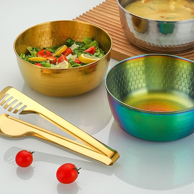 Stainless Steel Mixing Bowls with Food Tongs Set, Meal Prep Metal Mixing Bowls For Home, Refrigerator,and Kitchen Food Storage Organizers - Silver