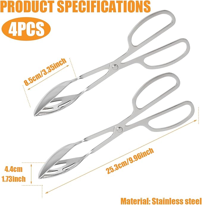 4 Pack Serving Tongs for Buffet Party Catering, Stainless Steel Salad Tongs with Scissor Handles, Thickening Food Scissor Tongs, Suitable for Cooking, Baking, BBQ, Restaurants and Home Kitchen