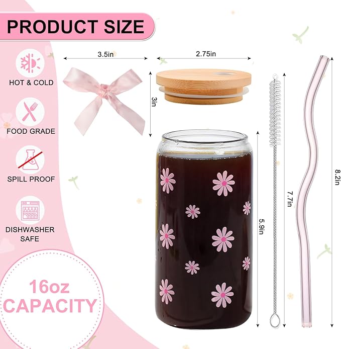 Cute Glass Cups with Lids and Straws, Teen Girl Birthday Gifts Daisy Iced Coffee Cup, Pink Aesthetic Mug Tumbler for Mothers Day Christmas Valentines Coffee Lover 16oz
