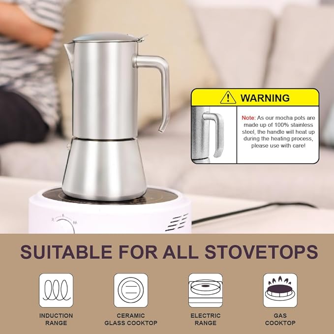 wedrink Stovetop Espresso Maker 4 Espresso Cups Stainless Steel Moka Pot for Greca, Induction, Electric & Gas Stoves(6.5 OZ/200ml)