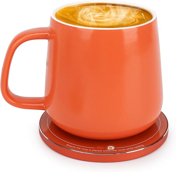 APEKX Warm Cup Coffee Mug Warmer Set - Smart Stable Constant Temperature 131°F, 15W Wireless Charging, 12.8 oz Capacity - Supports USB-C Interface, Automatic Power On/Off Function (4 H). (Tangerine)