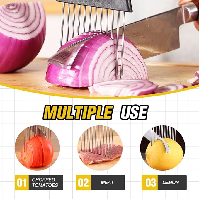 Onion Slice Holder, 2025 Upgraded Stainless Steel Onion Holder for Slicing Lemon Slicer Vegetable Cutter, Kitchen Chopper Slicing Assistant Tool for Meat, Onion, Potato, Tomato (1, A)