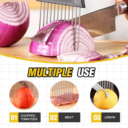 Onion Slice Holder, 2025 Upgraded Stainless Steel Onion Holder for Slicing Lemon Slicer Vegetable Cutter, Kitchen Chopper Slicing Assistant Tool for Meat, Onion, Potato, Tomato (1, A)