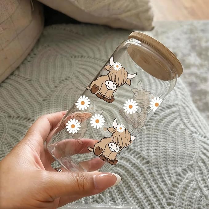 Highland Cow Cup Gifts for Women, Cute Cows Themed Stuff 16 oz Glass Cups with Lids and Straws, Highland Cow Christmas Birthday Gifts for Coffee Lovers, Women, Cowgirls, Girls, Mom-5