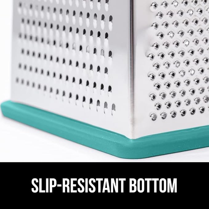 GORILLA GRIP 4-Sided Stainless Steel Cheese Grater With Container, 100% BPA-Free Box Grater, Slip Resistant Base and Handle, Grate Parmesan, Hard Cheeses, Shred Veggies, Dishwasher Safe, Turquoise