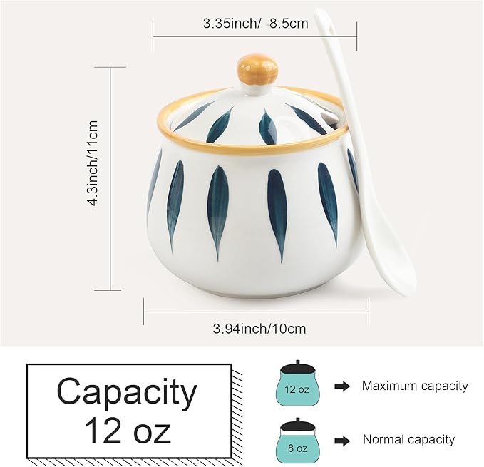 Ceramic Sugar Bowl with Lid and Spoon – 12 oz Sugar Container for Kitchen Counter, Coffee Bar and Home, Farmhouse Sugar Jar for Coffee, Tea, and Baking, Sugar Pot Dishwasher Safe