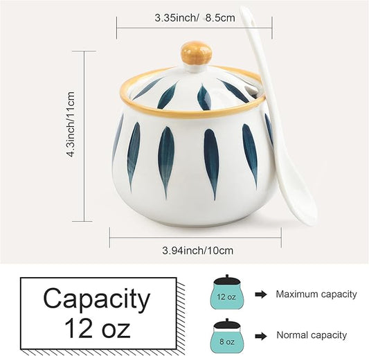 Ceramic Sugar Bowl with Lid and Spoon – 12 oz Sugar Container for Kitchen Counter, Coffee Bar and Home, Farmhouse Sugar Jar for Coffee, Tea, and Baking, Sugar Pot Dishwasher Safe