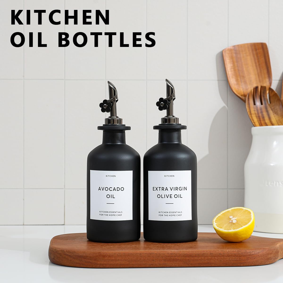 HOMCDALY Olive Oil Dispenser for Kitchen, 11.8oz Glass Kitchen Dispenser Bottle, Black Oil&Vinegar Cruet Set, Leakproof Olive Oil Bottles | Set of 2 (11.8oz – Black) Visit the HOMCDALY Store