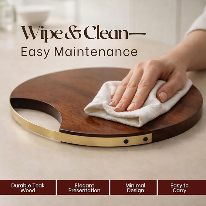 nestroots Round Charcuterie Board | 14" Teak Wood Serving Tray with Handles Decorative Tea, Coffee, Dessert, Pizza | Large Wooden Cheese Boards Serving Platter for Valentine Day Party Supplies