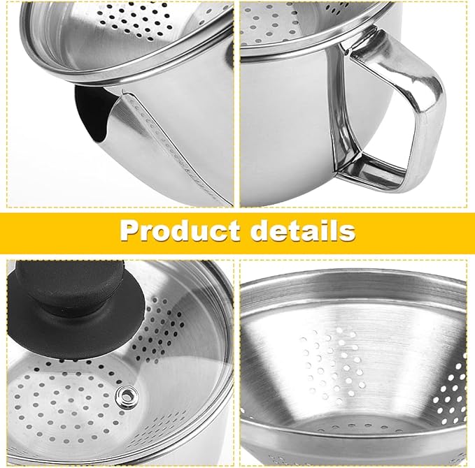 Stainless Steel Fat Separator 4 Cup/1000ML Gravy Grease Separator with Strainer and Glass Lid, Soup Oil Separator Cup for Cooking, Oil Soup Separator Strainer Pot for Kitchen