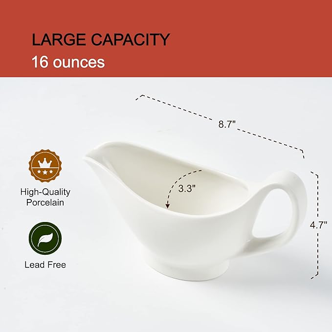 Gravy Boat with Saucer - 16oz Fine Porcelain Sauce & Salad Dressing Boat (White)