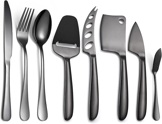 8 Pieces Black Cheese Knives Set with Dinning Knife Fork Spoon Stainless Steel Multifunctional Kitchen Gadget Baking Utensils Cooking Tool