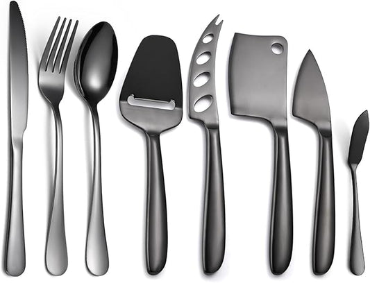 8 Pieces Black Cheese Knives Set with Dinning Knife Fork Spoon Stainless Steel Multifunctional Kitchen Gadget Baking Utensils Cooking Tool