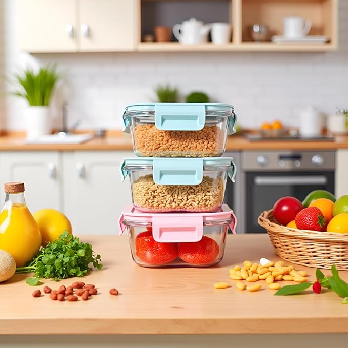 2 Cup Square Glass Food Container with Airtight Lids, Small Glass Square Meal Prep Containers, BPA free 16oz Food Bowls For Soup Snack fruit, Microwave, Dishwasher, Freezer Safe (4 color)