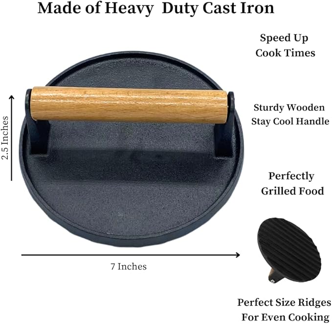 Evelots Cast Iron Burger Press - Heavy Duty Pre-Seasoned Burger Smasher for Grill - Weighted Press for Meat, Grilled Cheese, Panini - Cook Evenly & Faster - Round Wood Handle