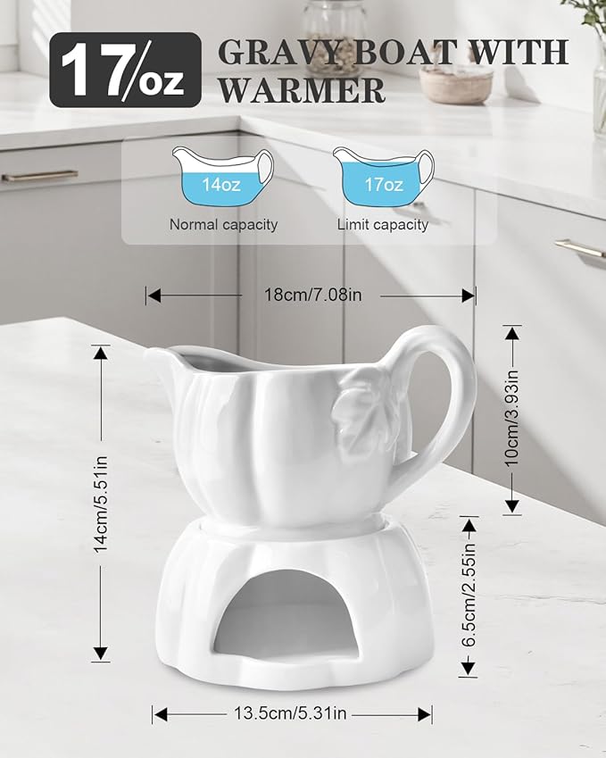 Gravy Boat with Warmer – 18 Oz Dripless Gravy Bowl with Handle & Spout – Microwave, Freezer & Dishwasher Safe Sauce Server for Thanksgiving, Christmas, Holiday Meals