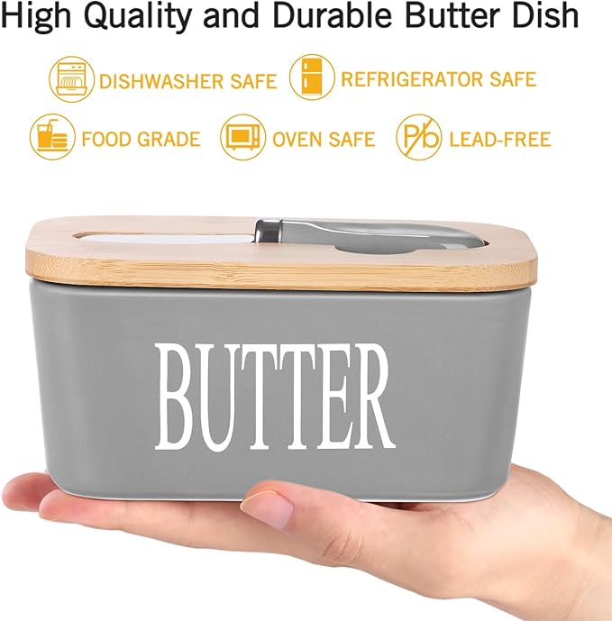 Ceramic Butter Dish with Wooden Lid, Large Butters Container Keeper Storage with Stainless Steel Knife Spreader, Bamboo Cover and Silicone Sealing Ring for West East Coast, Grey