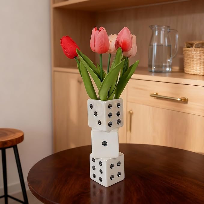 Modern Ceramic Dice Vase - Small Unique Decorative Vase for Dried Flowers, Roses and Pampas Grass | Ideal Centerpiece for Living Room, Coffee Table - Single Stem Bud Vase Gift for Home Decor