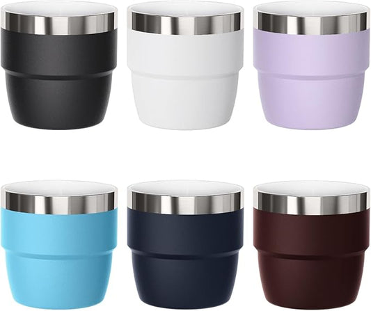 4 oz Small Espresso Cup, Ceramic-Lined 18/8 Stainless Steel, Double-Wall Vacuum Insulated, Stackable, Dishwasher Safe, Fits Most Espresso Machines, 6 Pack, Black/White/Lilac/Wine Red/Navy/Blue