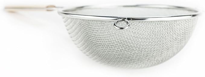 Huji Stainless Steel Fine 8" Double Mesh Food Strainer Colander Sieve Sifter with Wooden Handle for Kitchen Rice Pasta Noodles (3 Pack)