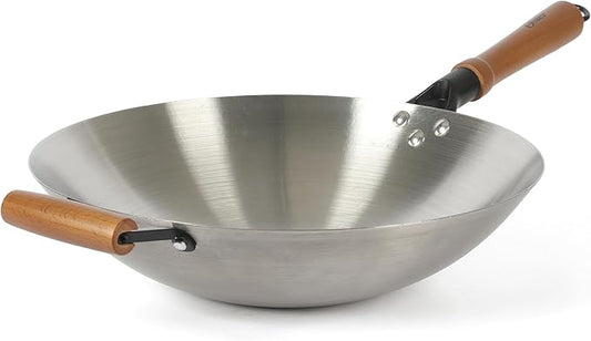 Oster Sangerfield 14-Inch Stainless Steel Wok With Wood Handles, Durable Non-Stick Stir Fry Pan for Gas and Electric Stovetops