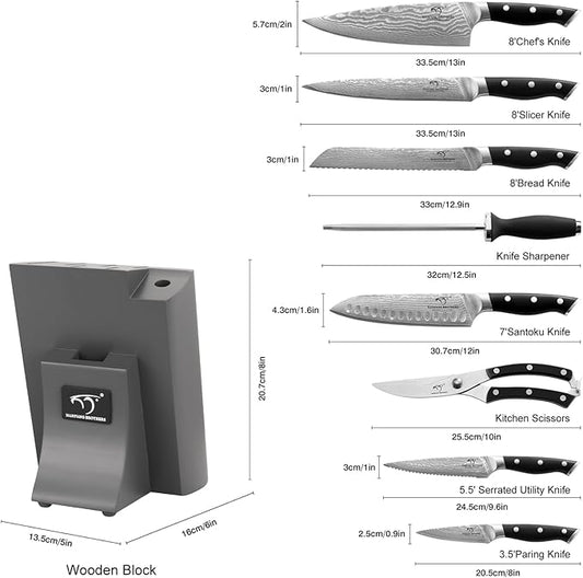 NANFANG BROTHERS Damascus Kitchen Knife Set with Block, 9 Pieces, ABS Ergonomic Handle, Knife Sharpener, Kitchen Shears