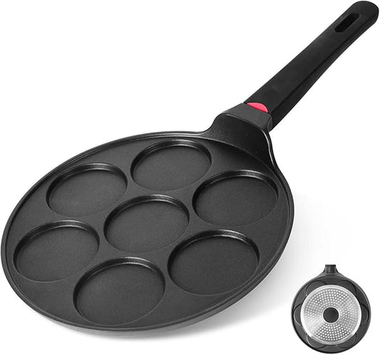 CAINFY Pancake Pan Maker Nonstick Induction Compatible, 10.5 Inch Mini Non Stick Silver Dollar Grill Blini Griddle Crepe Pan,7 Molds Cake Egg Cooker Skillet for Kids Gifts
