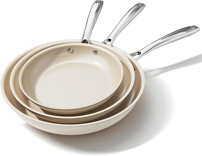 OUBRL Ceramic Nonstick Frying Pans Set, Fry Pan Skillet, Non Toxic Pans for Cooking, Egg Pans，Induction Suitable，PFAS-Free Cookware, Dishwasher Safe, Oven Safe (Cream White, 8''+9.5''+11")