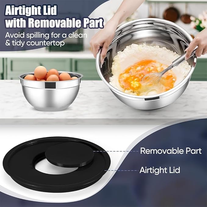 Thsinde Mixing Bowl with Airtight Lids Set of 6, Stainless Steel Nesting Salad Bowls for Mixing & Serving, 3 Grater Attachments & Non-Slip Bottoms (Size 7-1QT)