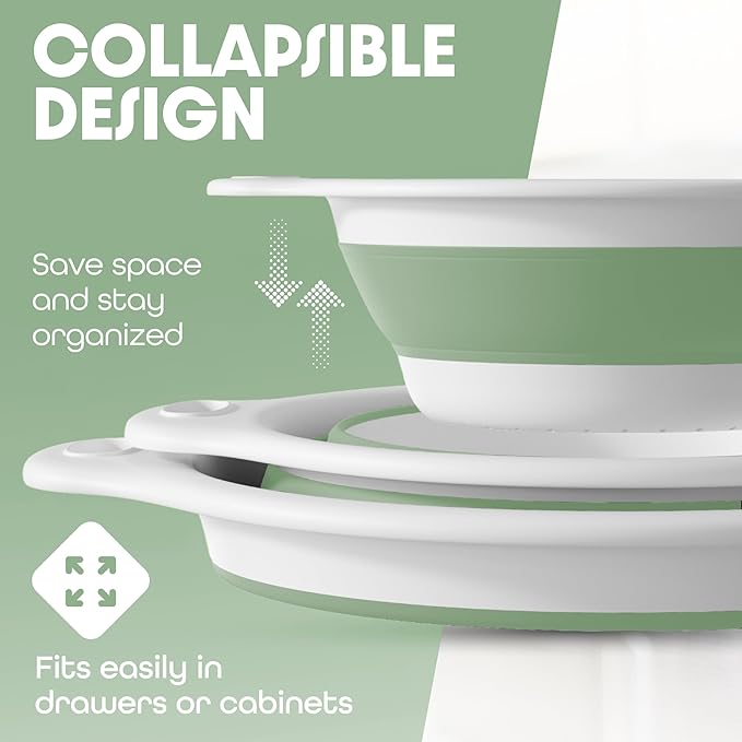 Collapsible Colanders (3 Pack Set) Food Strainers with Over-Sink Water Draining Base for Pasta Fruits and Vegetables, White/Sage (3 Sizes, 3QT, 4QT and 5 Quart)