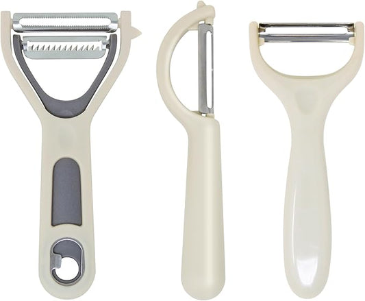 Vegetable Peeler 3-Piece Set – Swivel Cutter, Y-Shaped Slicer, and Julienne Peeler with Bottle Opener and Built-in Eye Remover – Stainless Steel Blade with Comfortable Handle for Kitchen – Cream