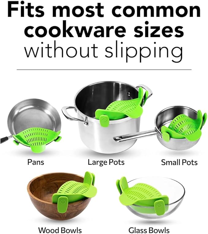 Clip‑On Pot Strainer Silicone Black + Green Dishwasher‑Safe Side‑Mount Design 9.4×4.6×2.5 Inches | Snap Drain Colander for Pans Bowls Skillets | Heat‑Resistant Kitchen Gadget Splash‑Guard