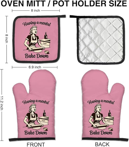 Having a Mental Bake Down Funny Oven Mitts and Pot Holders Set, Great Kitchen Tools for Making Cakes and Desserts, Gifts for Baking Enthusiasts, Thanksgiving Gifts for Women Chef Baker Friends