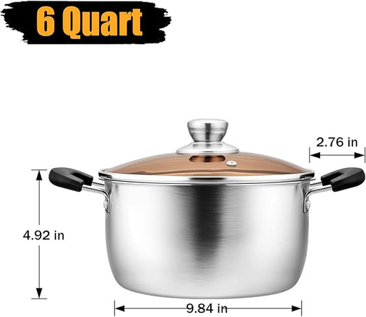 P&P CHEF 6 Qt Stockpot with Lid, Stainless Steel Cooking Stock Pot for Soup, Heat-Proof Double Handles with Visible Lid, Dishwasher Safe & Healthy, 1-Ply Metal