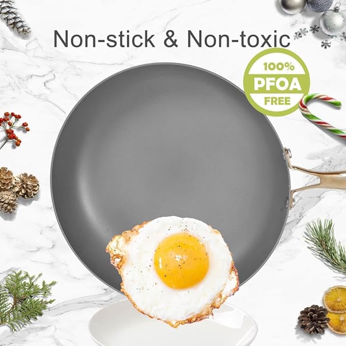AUDANNE Nonstick Pots and Pans Set 9 Pieces, Non Stick Kitchen Cookware, Cooking Skillets Include Frying Pan with Lid, Saucepan, Casserole, Spoon, Turner Spatula, PFOA Free for Induction, White & Gold