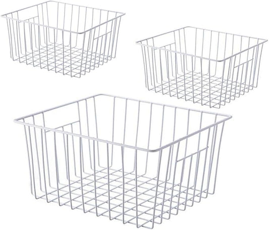 Upright Freezer Organizer Bins， Freezer Baskets for 14, 15 cu.ft Standup Freezer, Wire Storage Bins with Built-in Handles for Frozen Foods, Snacks, Vegetables, Fruits and More, 3Pcs , White