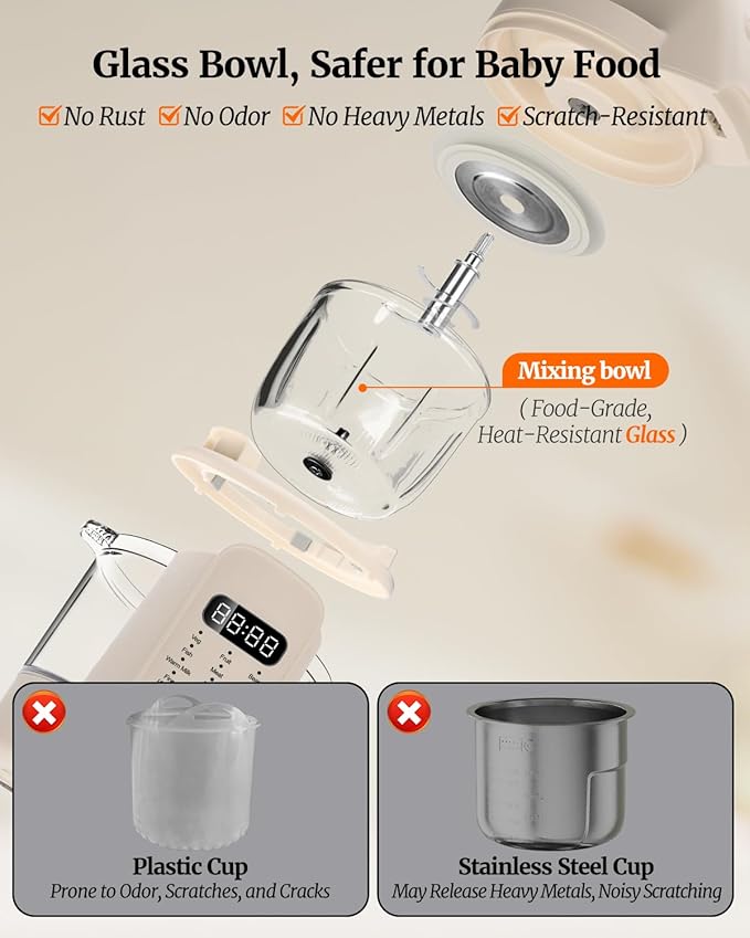 Baby Dolce Baby Food Maker, 9 in 1 Glass Baby Food Processor Steamer Puree Blender with 6 Blades, One Step Cook Grinding, Touch Screen Control, Multifunctional Blender with 24h Timer, Dishwasher Safe