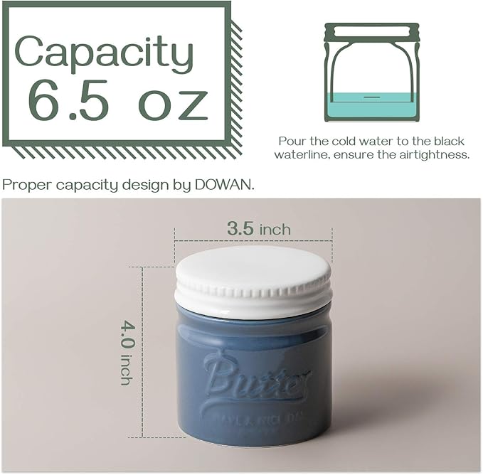 DOWAN Porcelain Butter Keeper Crock, French Butter Dish with Lid, Embossed Butter Container for Soft Butter, Big Capacity & Humanized Water Line, Airy Blue
