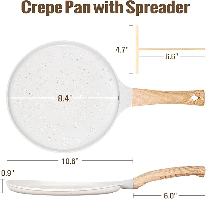 SouxMux Nonstick 9.7-Inch Crepe Pan with Spreader, Ceramic Coated Dosa Tawa Pan, Induction Compatible Flat Skillet for Pancakes, Omelettes, and More with Cool Handle, PFOA Free