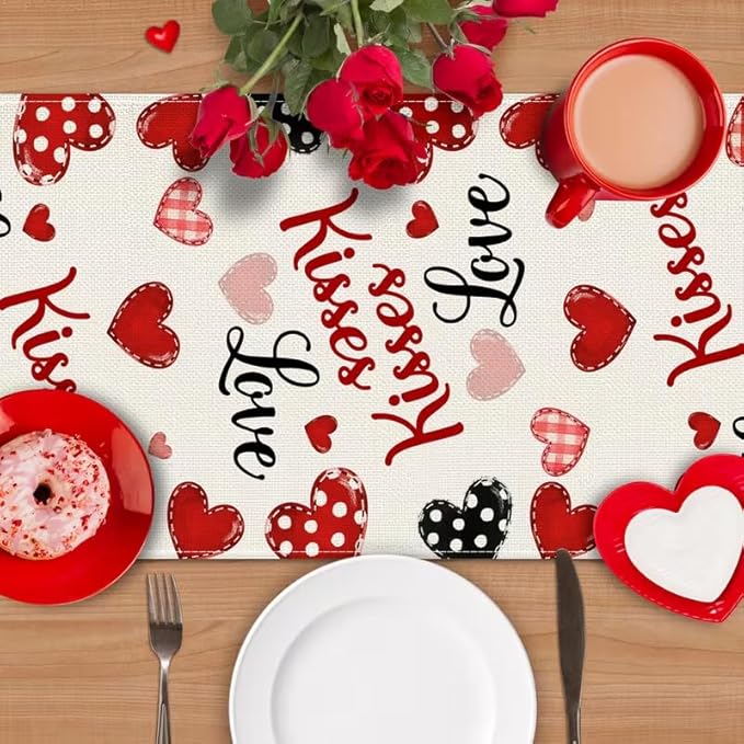 Valentine Red Buffalo Plaid Gnomes Heart Table Runner 13x48 Inch ,line Love Kitchen Dinning Table Decoration for Party Home