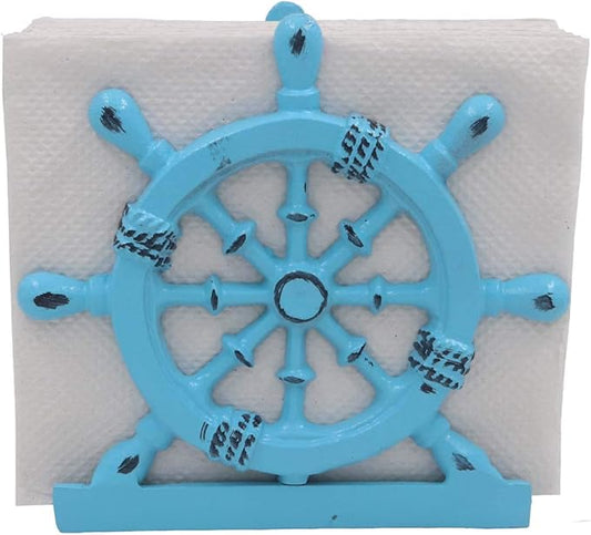THDC Nautical Napkin Holder, Lunch, Dinner, Nautical Collection Napkin Holder, Made of Metal (Wheel Distressed Blue)